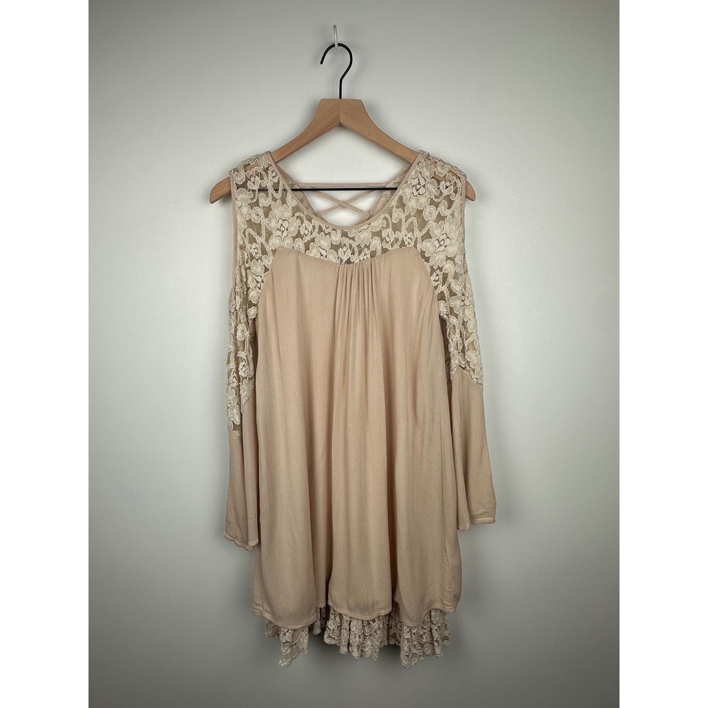 A'Reve Beige Lace Cold Shoulder Long Sleeve Mini Dress Size S